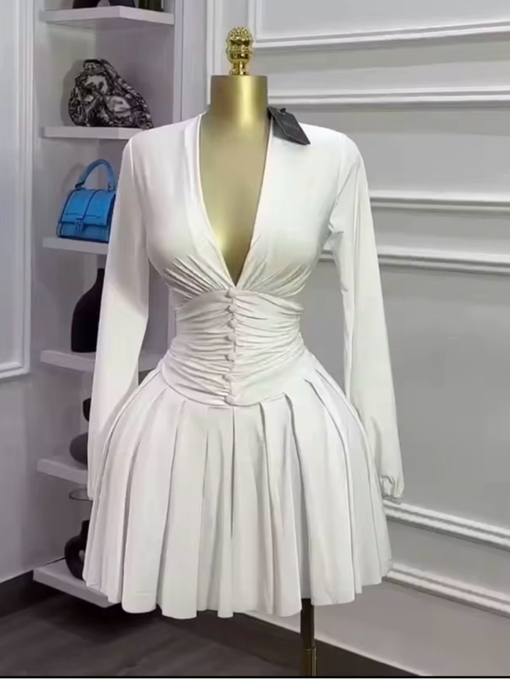 Plunging V-Neck White Ruched Waist Mini Dress